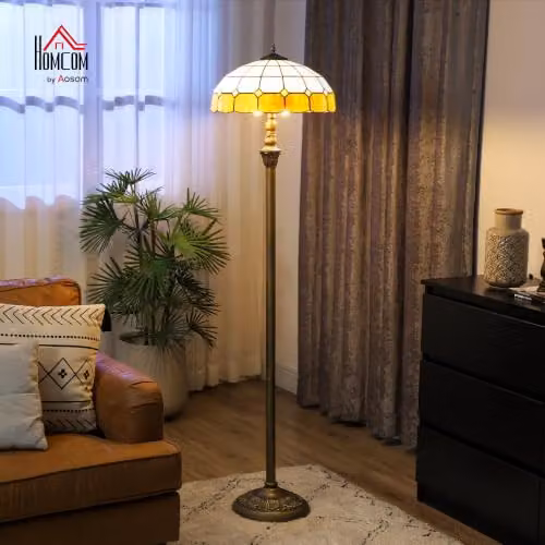 HOMCOM Vintage Tiffany-Style Floor Lamp with Handcrafted Stained Glass Shade in Orange and Bronze Tone, Height: 152 cm – 2