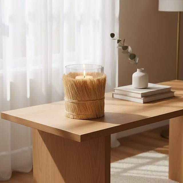 Orsina Modern Round Glass and Rattan Taper Candle Holder in Beige, Brown and Transparent