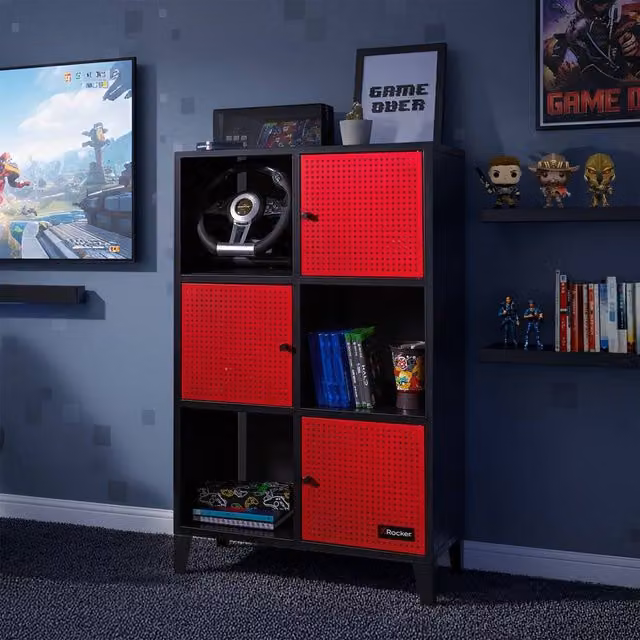 X Rocker Modern Red Freestanding Display Cabinet with Hinged Doors and Open Shelving