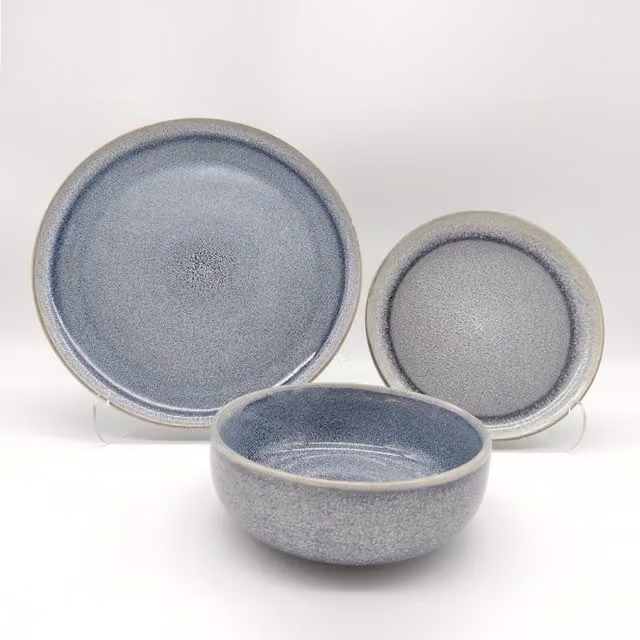 Glim & Glam Reactive Ash Blue Glaze Stoneware Dinner Set for 6 Adults