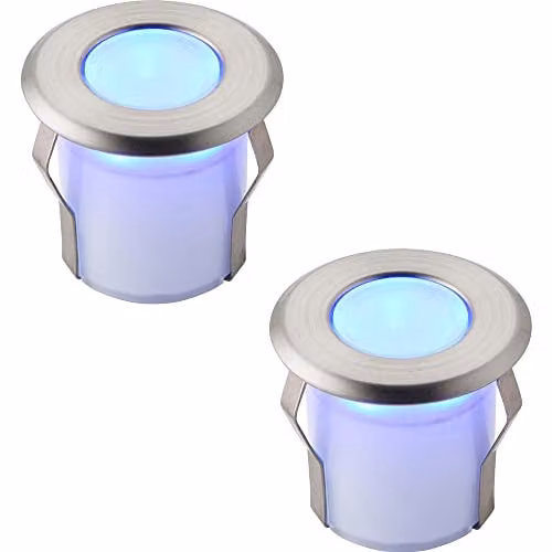 Loops 2 Pack Recessed Blue LED Decking Guide Lights in Silver Stainless Steel, IP67 Waterproof and Saltwater Resistant