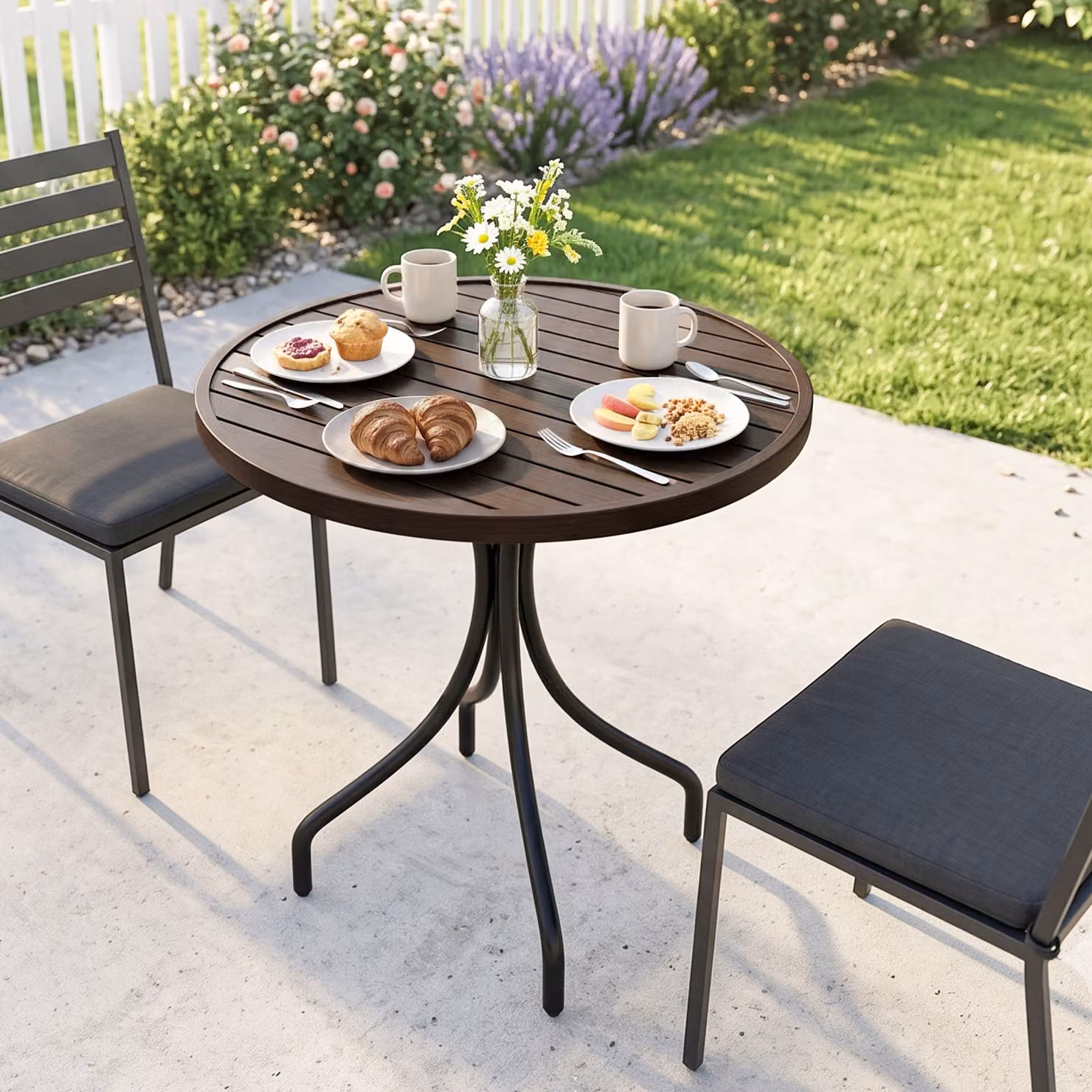 Outsunny Round Garden Side Table with Brown Wood Grain Slat Tabletop and Steel Frame, Diameter: 66 cm, Height: 71.5 cm – 6