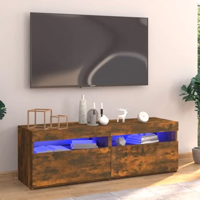 Berkfield Home Modern TV Cabinet with Integrated LED Lights in Smoked Oak Brown, W/D/H: 120 x 35 x 40 cm