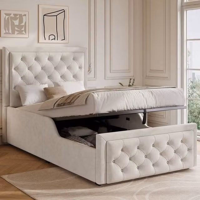 ModernLuxe Kids Single Upholstered Ottoman Bed with Headboard in Beige, W/D/H: 90 x 190 x 136 cm