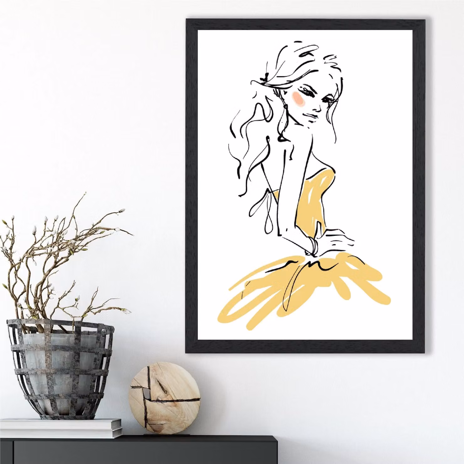 ARTZE Fashion Woman Pen and Ink Sketch Framed Print, Yellow and Black, A4 – 2