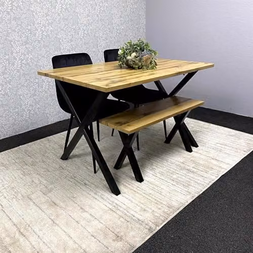 KOSY KOALA Industrial Dining Set with Rectangular Table, 2 Velvet Chairs and Wooden Bench in Black, Brown or Grey – 2