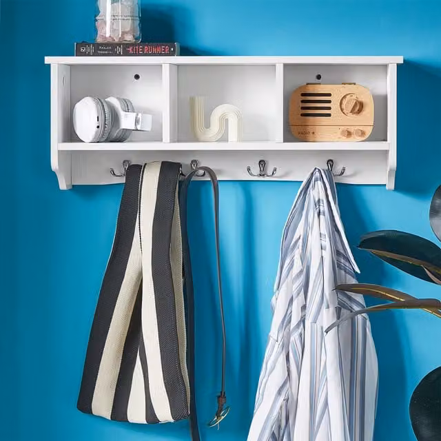 SoBuy Modern White Wall Storage Unit with 3 Cubbies and 4 Hooks