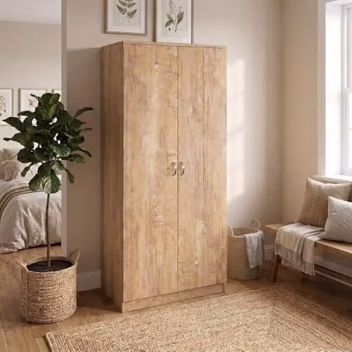 FWStyle Oak Effect 2 Door Wardrobe in Brown with Hanging Rail and Internal Shelves, H: 170 cm, W: 76 cm, D: 47 cm – 2