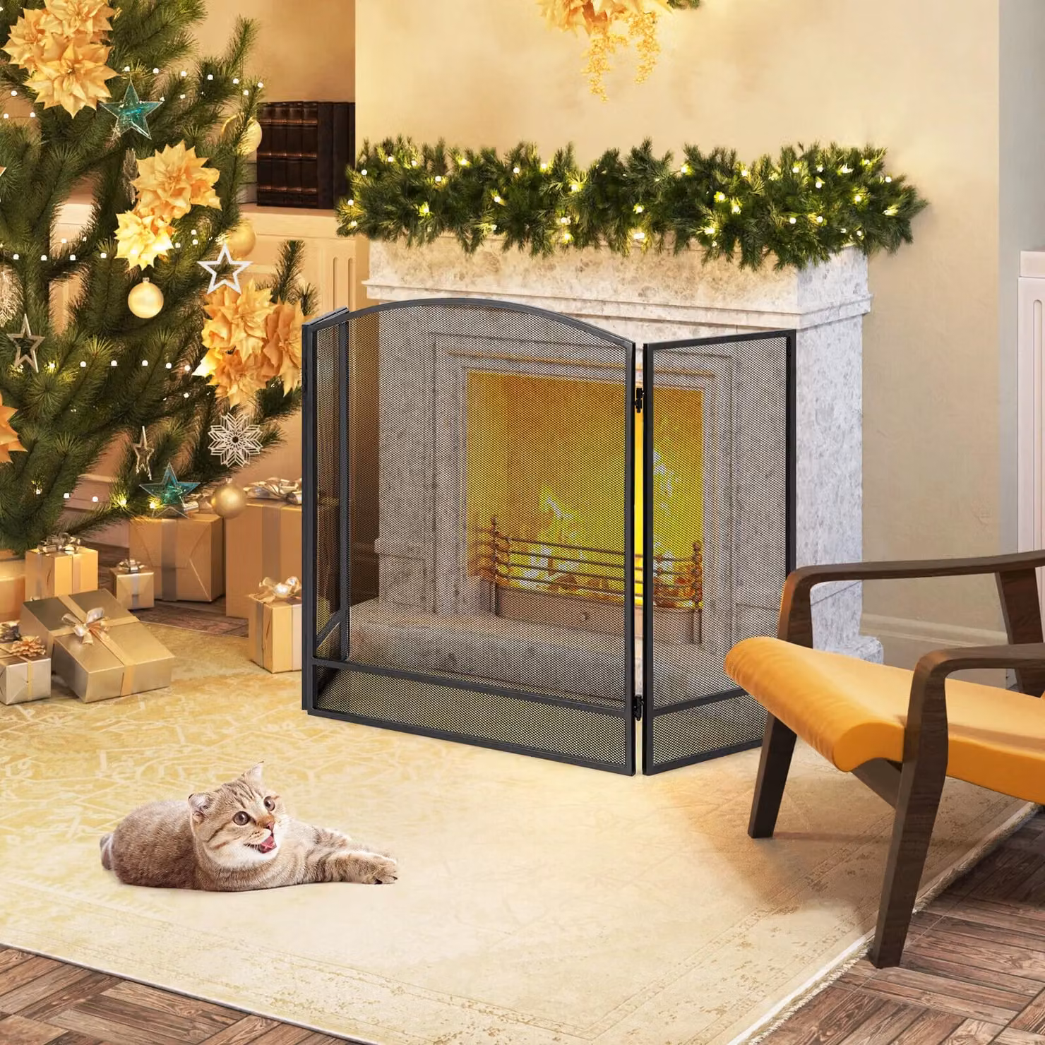 Costway 3 Panel Folding Fireplace Screen Wrought Iron Furnace Protector Spark Guard in Black – 2