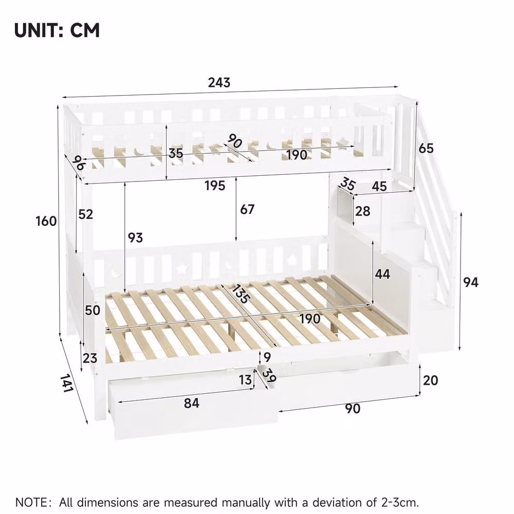 ModernLuxe Single over Double Bunk Bed with Storage Stairs and Drawers in White Solid Wood – 4