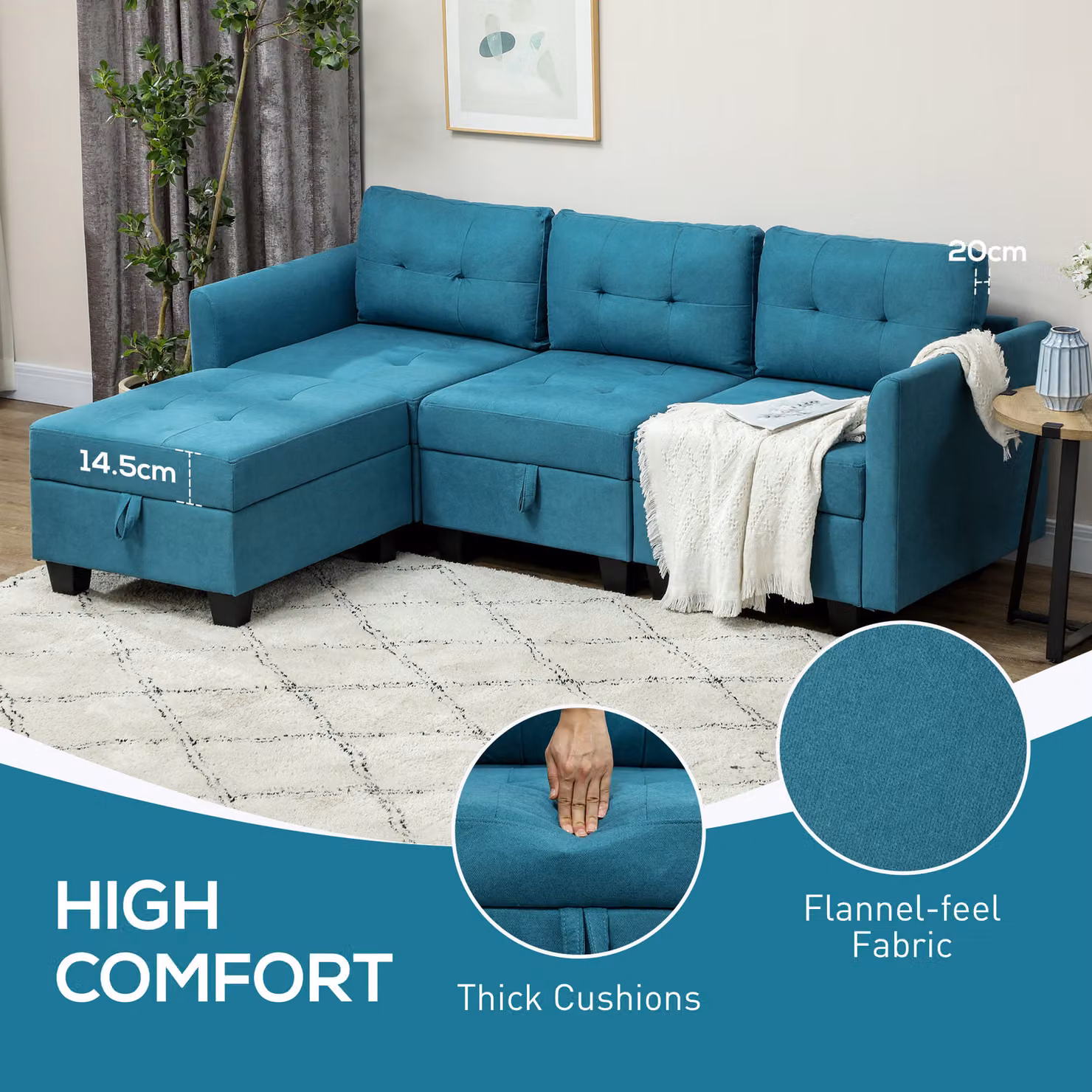 HOMCOM Reversible L-Shape Modular Sofa with Storage in Blue – 6