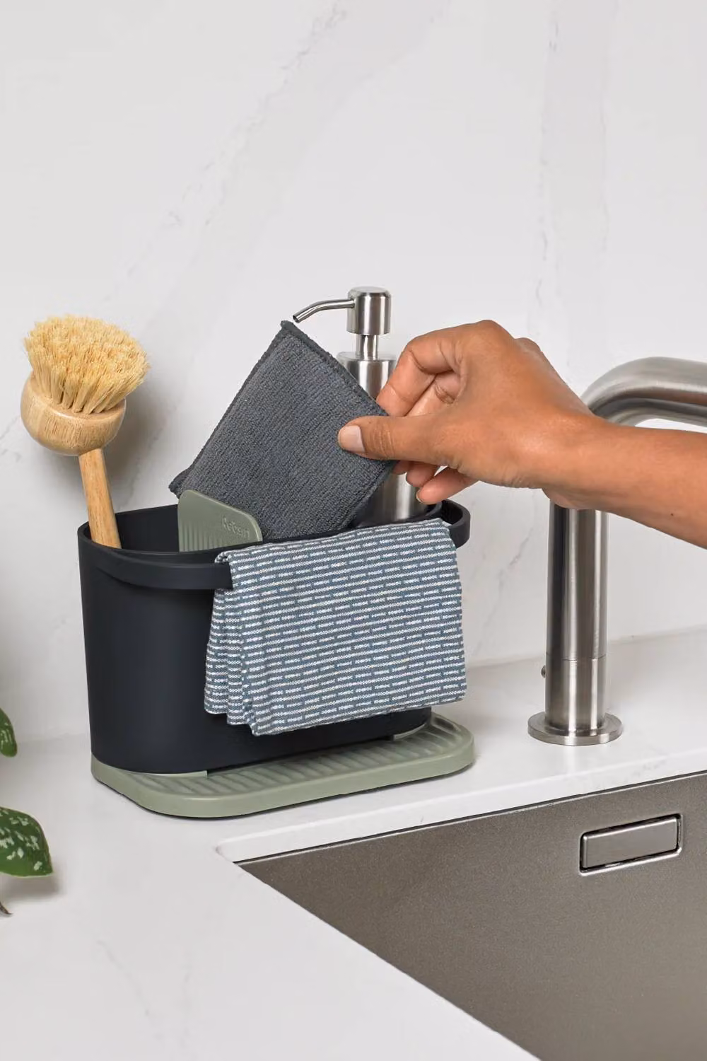 ReBorn Sage Green Sink Tidy with Black Washing Up Bowl and Drainer Set – 2
