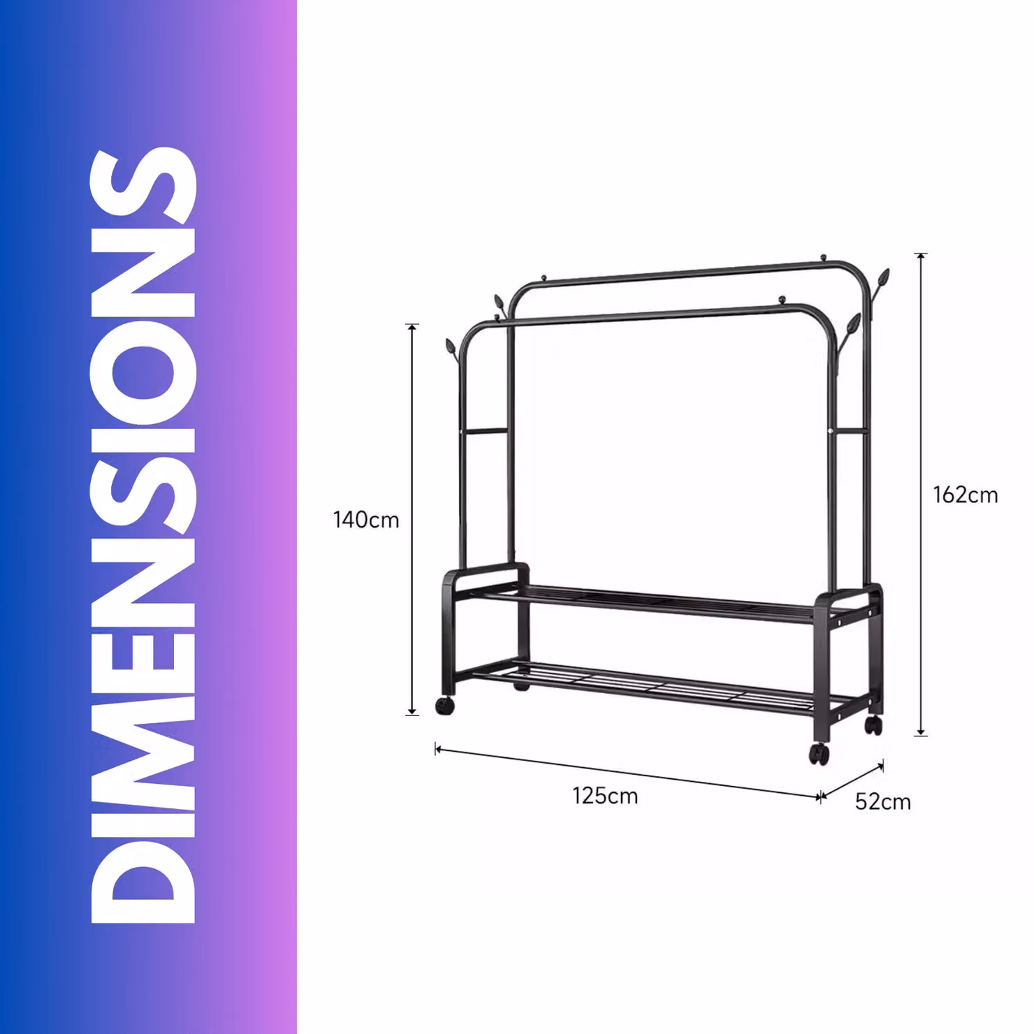 Pirlo Plush Heavy Duty Metal Clothes Rail Open Wardrobe with 2 Storage Shelves in Matt Black – 3