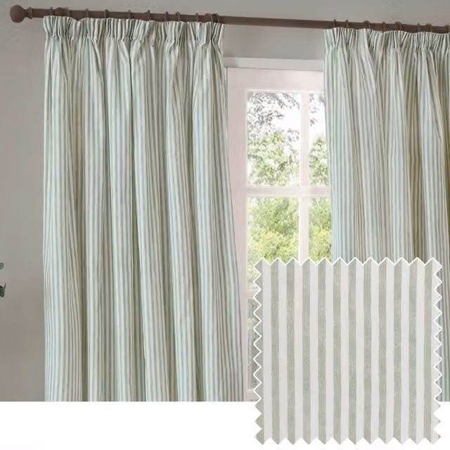 Make It A Home Hebden Striped Cotton Pencil Pleat Curtain Pair in Green, Width: 168 cm, Height: 183 cm