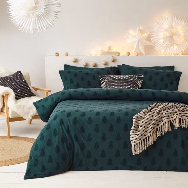 Make it a Home Tufted Festive Tree Christmas Cotton Percale Duvet Cover Set, Green, W: 90 cm, L: 190 cm