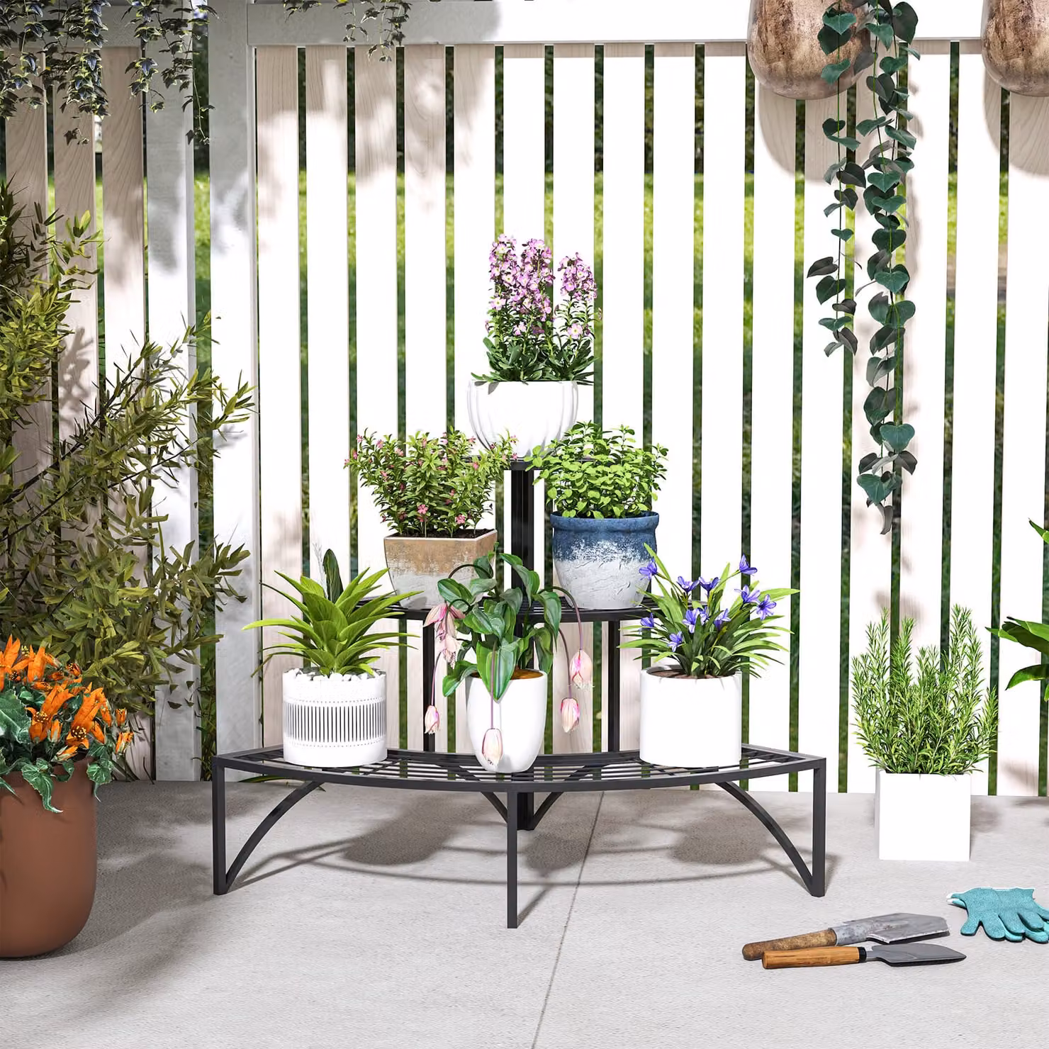 Outsunny 3 Tier Corner Metal Plant Stand, Black Quarter Round Flower Pot Holder for Indoor and Outdoor Use, H 87 x W 60 x D 28 cm – 7