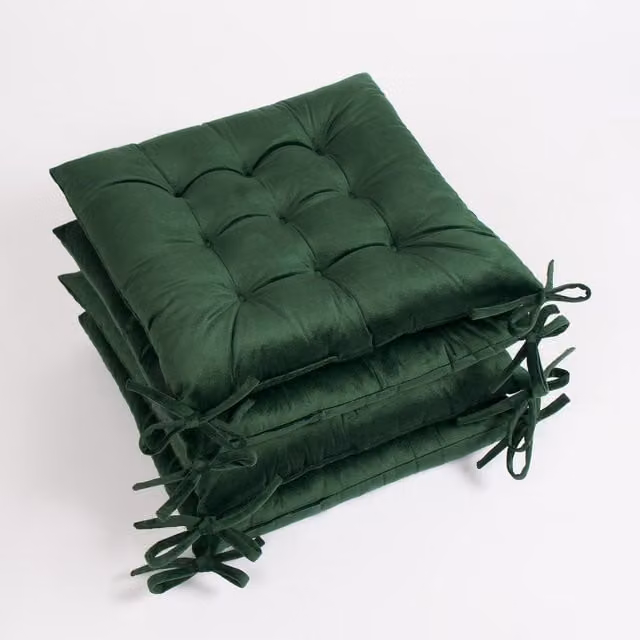 OHS Pack of 4 Green Velvet Square Quilted Dining Chair Seat Pads with Removable Covers