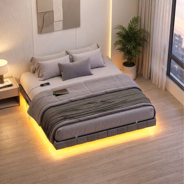 VASAGLE Double Floating Bed Frame with LED Under-Bed Lighting, Upholstered Fabric in Grey, 140 x 200 cm