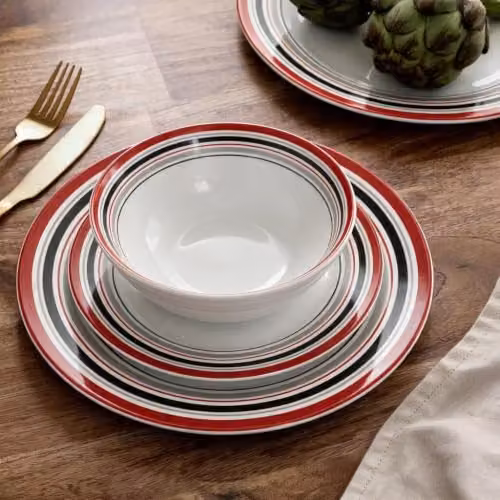 Waterside Brompton 12-Piece Burgundy and White Striped Porcelain Dinner Set – 2