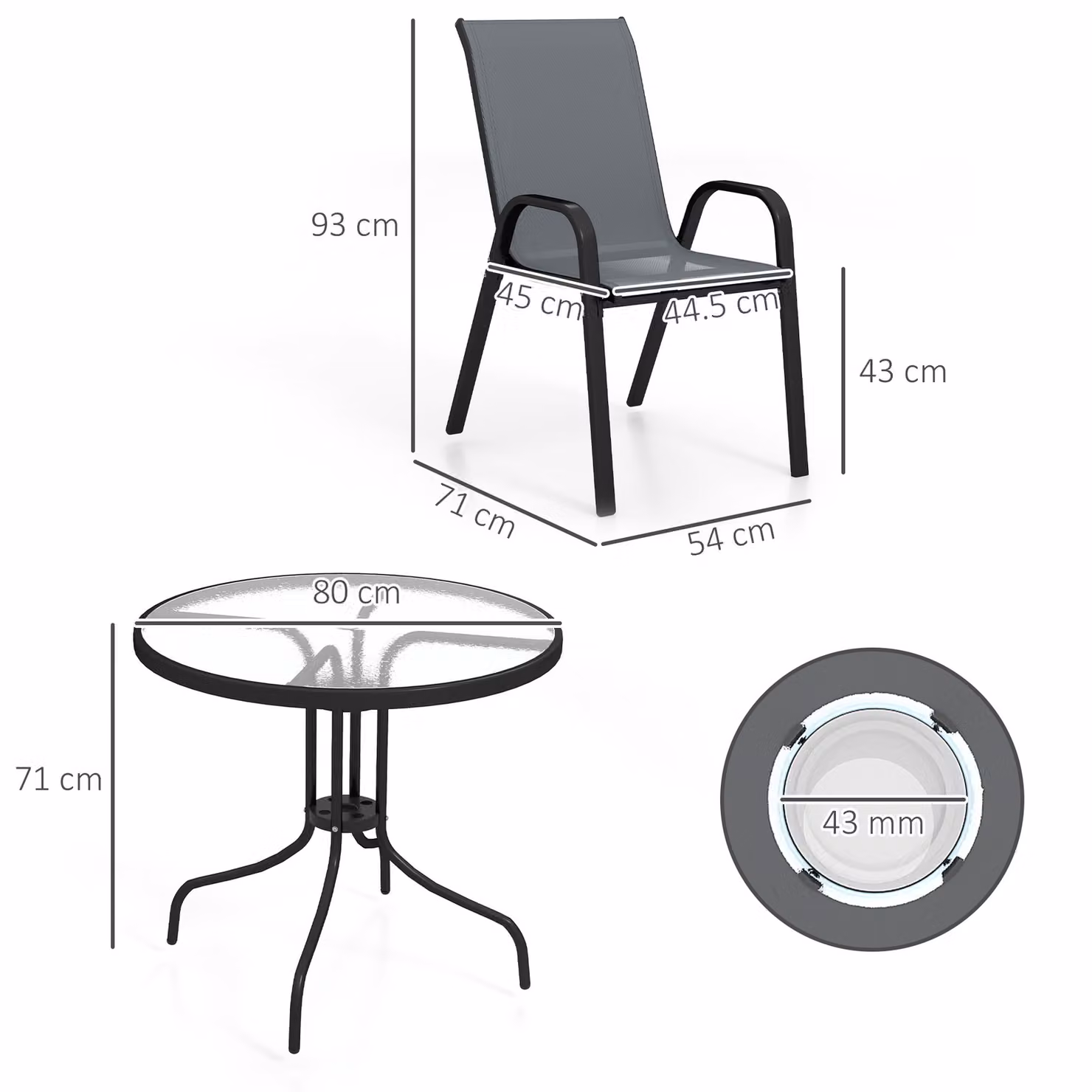 Outsunny 5 Piece Steel Patio Dining Set with Glass Top Round Table and 4 Chairs in Dark Grey – 3