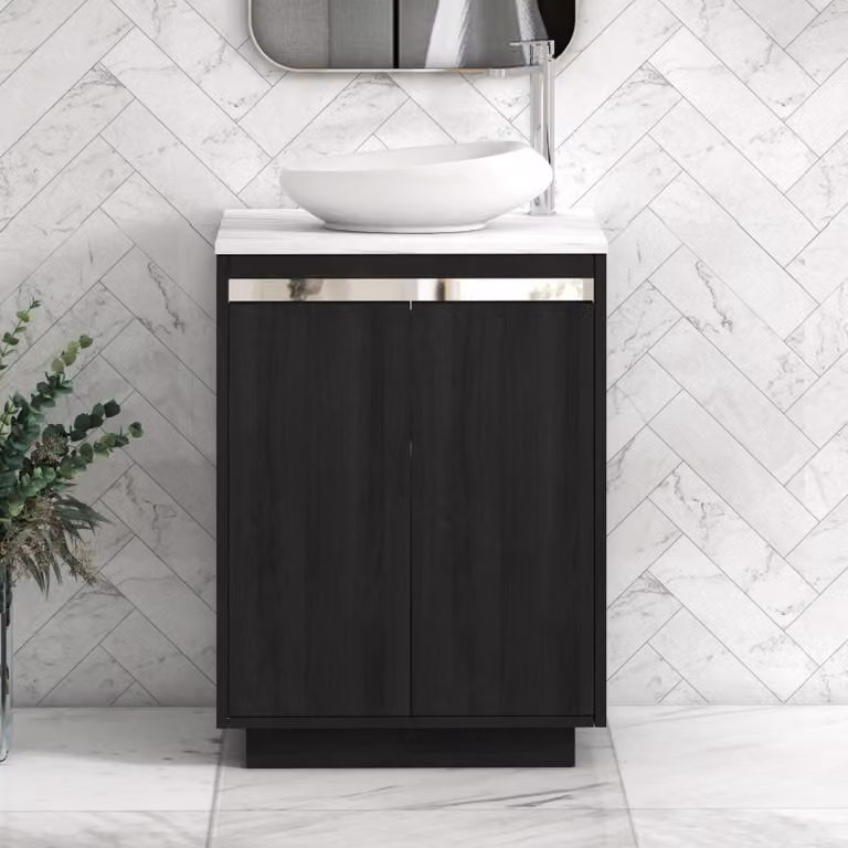 Royal Bathrooms Orion 600mm Hale Black Floor Standing 2 Door Vanity Unit with Carrara White Nova Basin and Chrome Accent Trim