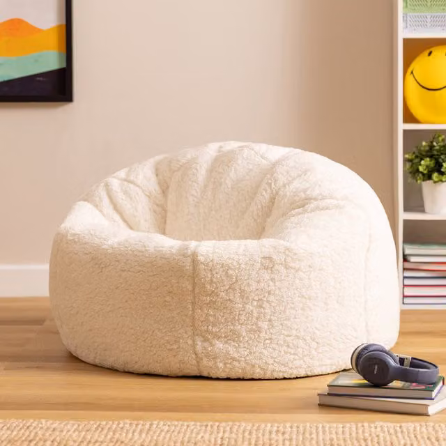ICON Fluffy Bouclé Kids Bean Bag Chair with Removable Cover, Natural, Diameter: 45 cm