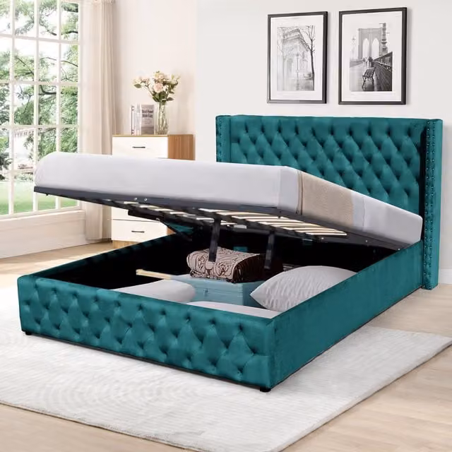 Comfy Living Green Velvet Winged Storage Bed Frame with Lift Up Base and Headboard, W/D/H: 180 x 200 cm