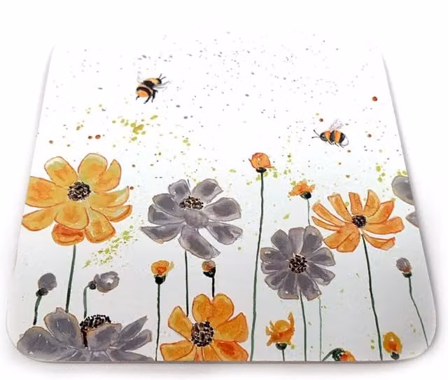 Impress Set of 6 Summer Bees Square Cork Coasters in White