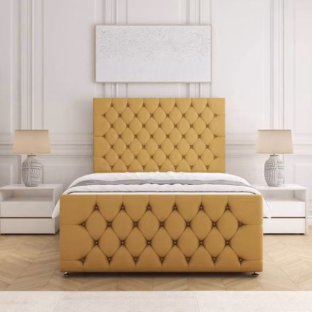 BSSPOKE Maya Plush Small Double Divan Bed with Chesterfield Headboard and Footboard in Yellow Velvet Fabric, W/D/H: 120 x 200 cm