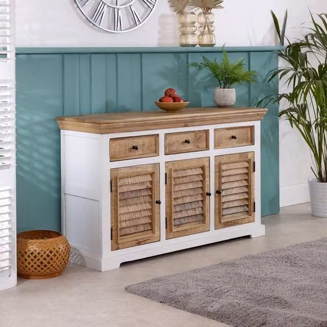 IH Design Curley White Solid Mango Wood Large Sideboard with 3 Doors and 3 Drawers, W: 140 cm, H: 85 cm, D: 45 cm