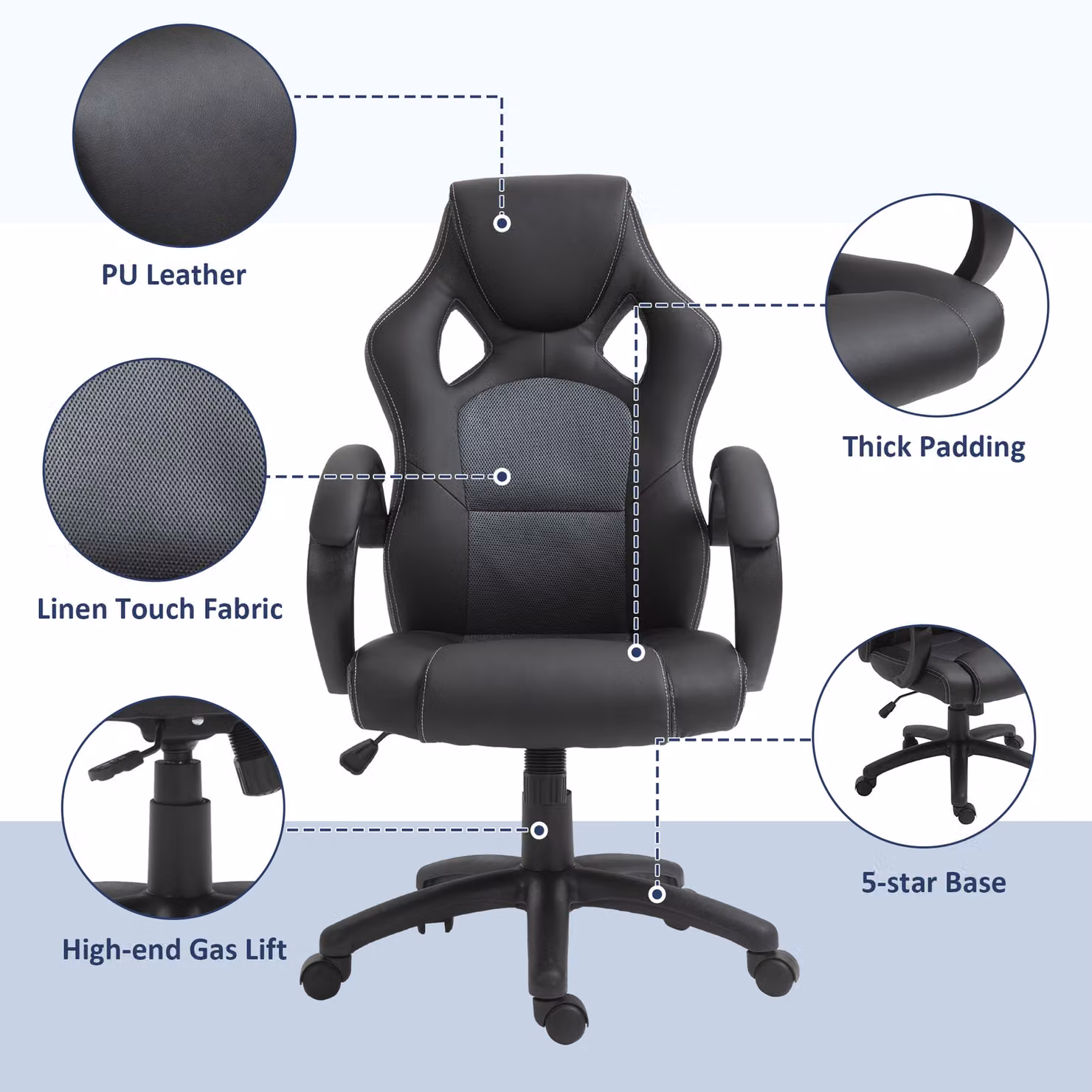Vinsetto Ergonomic Gaming Recliner Chair in Black Faux Leather with Armrests and Silent Wheels – 6