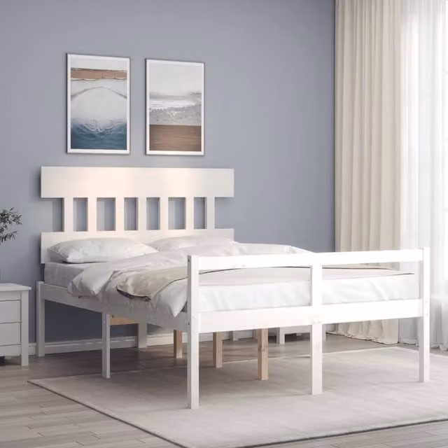 Berkfield Home Small Double Bed Frame with Headboard in White Solid Pine Wood, W/D/H: 120 x 200 cm