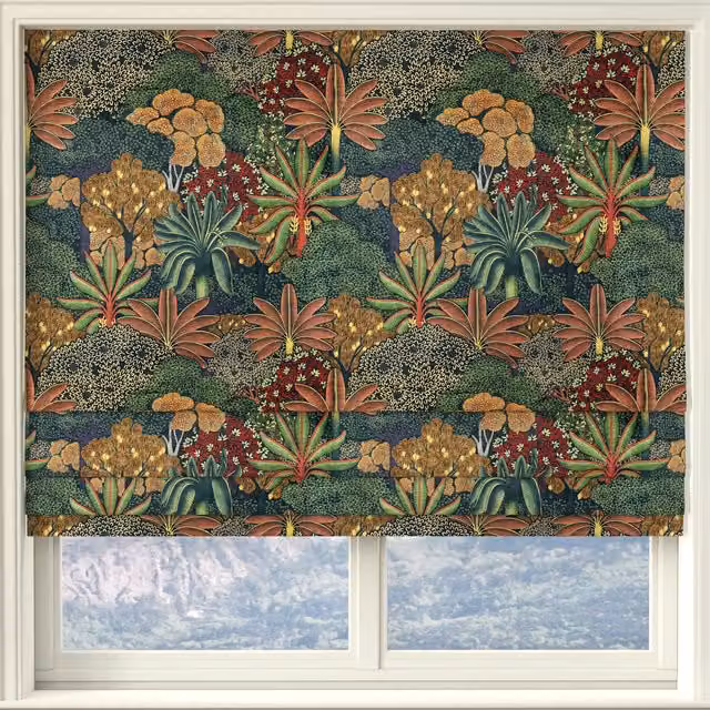 Linda Barker Treasure Garden Navy Blue and Gold Floral Velvet Print Made to Measure Roman Blind
