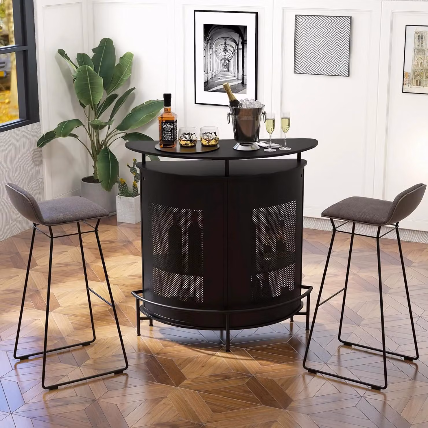 Gymax 4-Tier Industrial Home Bar Unit with Metal Storage Shelves and Footrest in Black – 2