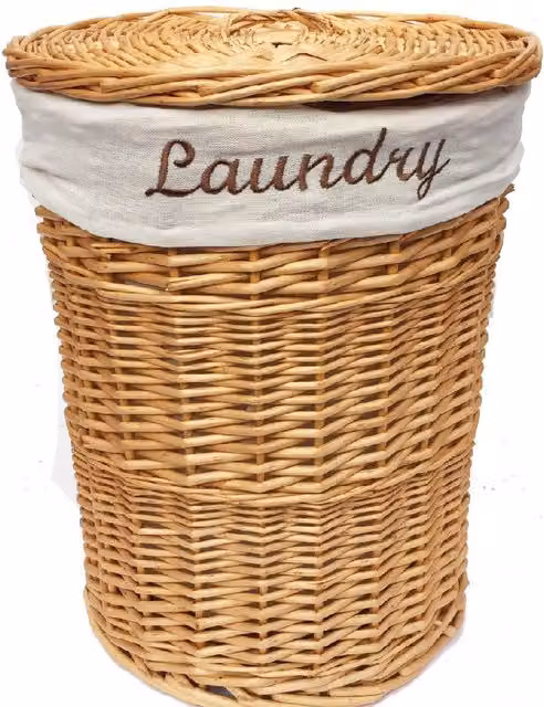 Topfurshing Brown and Yellow Round Wicker Laundry Basket with Lid and Removable Cotton Bag, Diameter: 59 cm