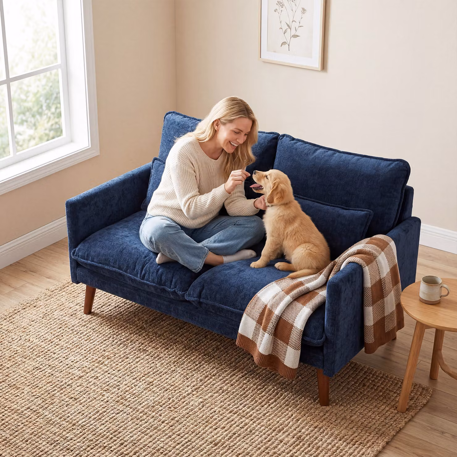 HOMCOM Blue Velvet 2 Seater Sofa with Scatter Cushions and Rubberwood Legs – 8