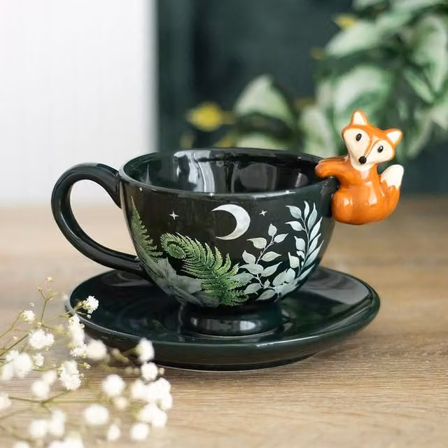 Uniqueful Green Forest Floral Ceramic Teacup with Saucer, 550 ml