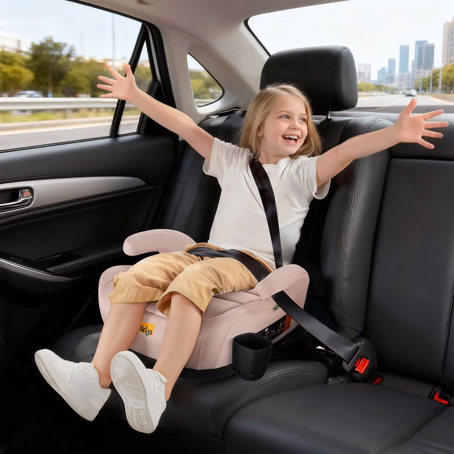 Aosom Pink ISOFIX Car Booster Seat with Cup Holder, ECE R129 i-Size, W: 42 cm, D: 40 cm, H: 17 cm – 2