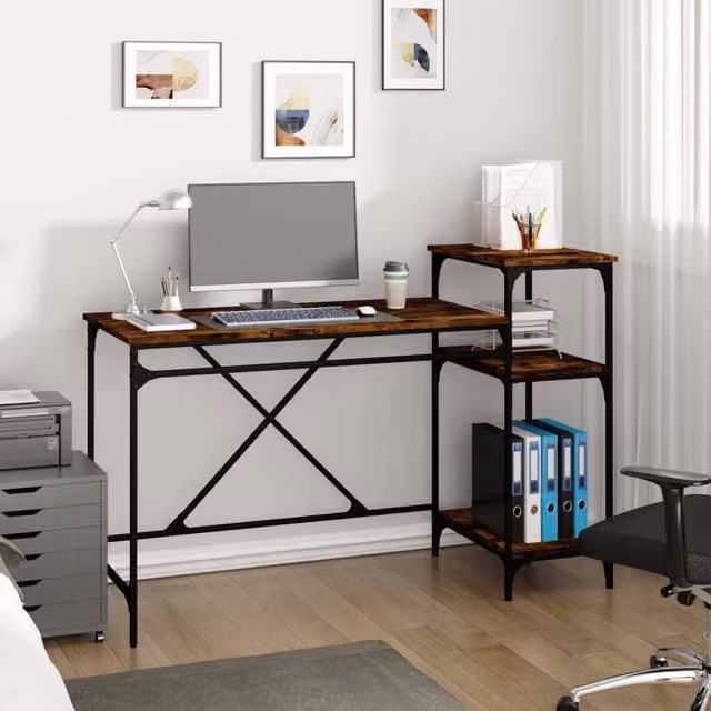 Berkfield Industrial Home Office Computer Desk with Shelves in Smoked Oak and Brown, W/D/H: 135 x 50 x 90 cm