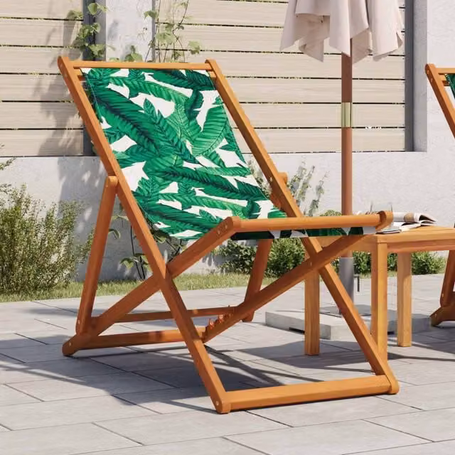Berkfield Home Folding Beach Chair with Leaf Pattern in Green and Brown Eucalyptus Wood and Fabric – 1
