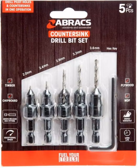 Abracs Expert Countersink Drill Bit Set, 5 Pack, Black