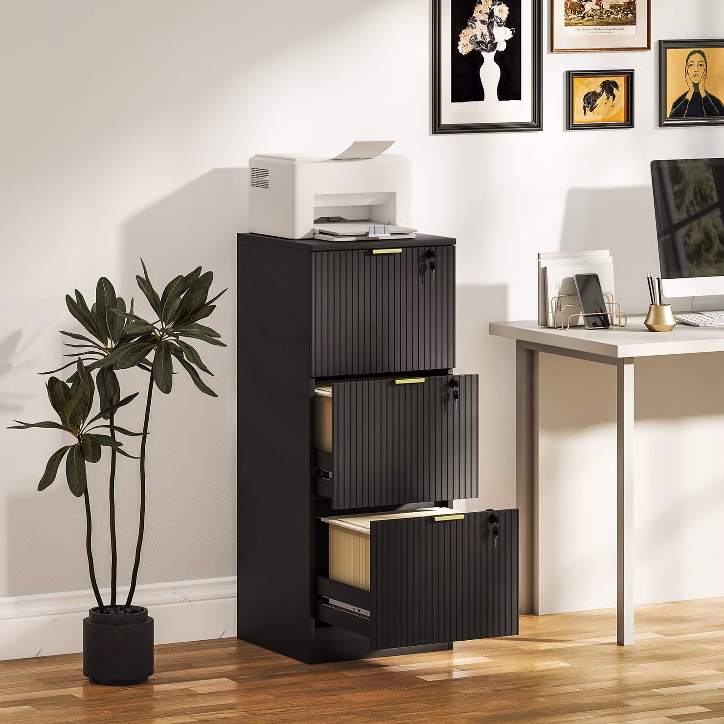 HOMCOM Black and Gold Fluted Vertical Filing Cabinet with 3 Lockable Drawers and Hanging Rails – 2