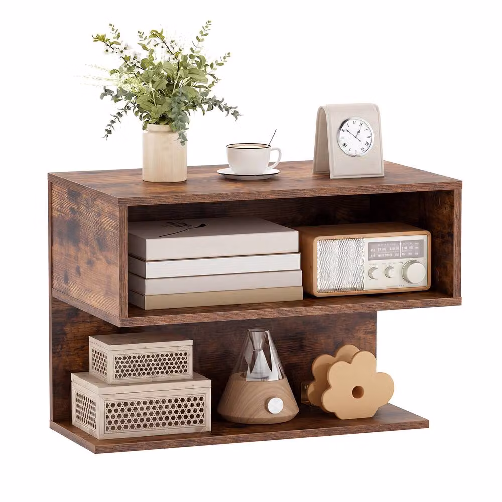 Gymax Modern Wall Mounted Floating Nightstand with Storage Shelves in Brown – 5