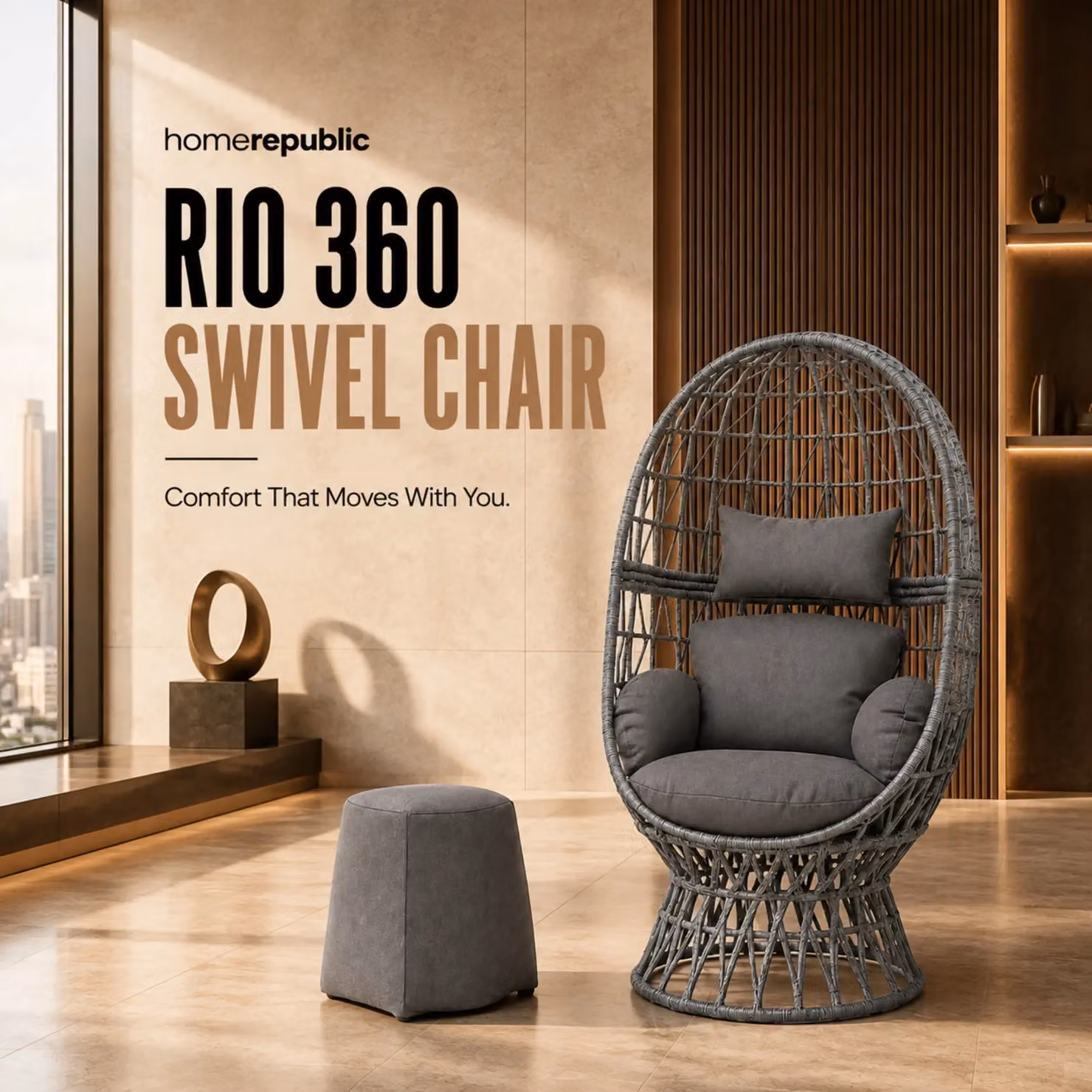 Home Republic Grey Rattan Swivel Egg Chair with Cushions W/D/H: 156 x 92 x 76 cm – 3