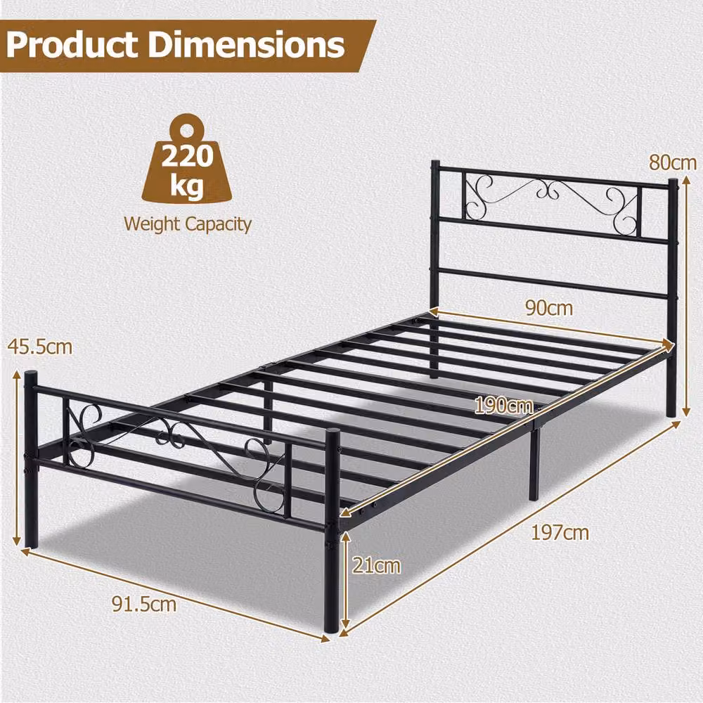 Gymax Single Size Floral Metal Platform Bed Frame with Slats, Black, W/D/H: 90 x 190 x 220 cm – 2