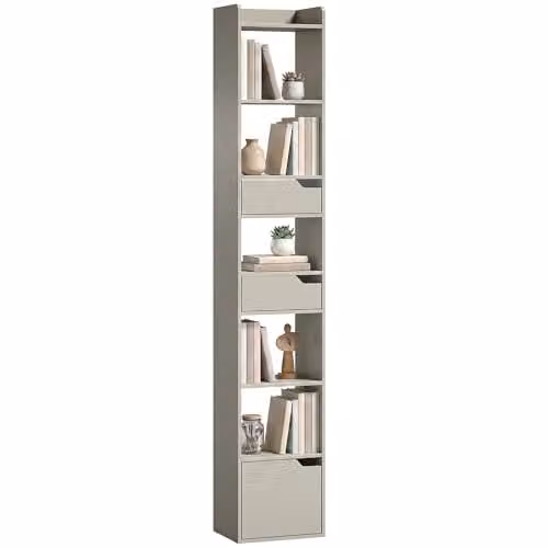 HOMCOM 5-Tier Modern Bookcase with Drawers and Cabinet in Grey, H 181.5 x W 76.7 x D 32 cm – 1