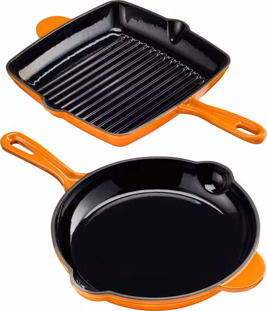 Cooks Professional 2 Piece Enamelled Cast Iron Frying Pan and Skillet Set in Orange