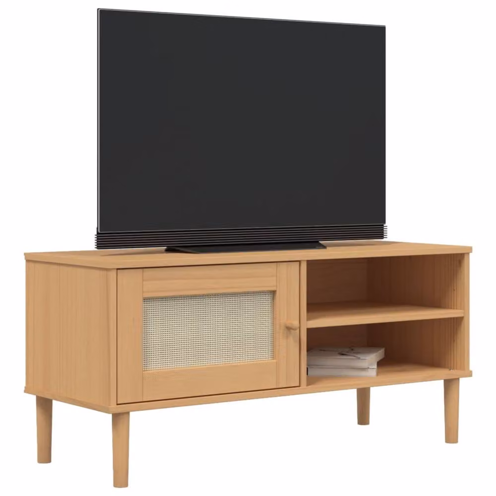 Berkfield Home SENJA TV Cabinet in Light Brown Solid Pine Wood with Rattan Look, W/D/H: 106 x 40 x 49 cm – 3