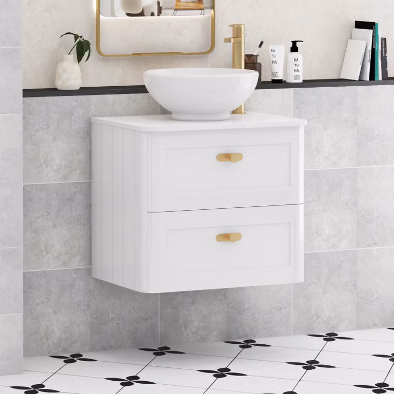 Royal Bathrooms Henley 600mm Gloss White Wall Hung Vanity Unit with 2 Drawers, Plain White Worktop, Breeze Basin and Brushed Brass Knob