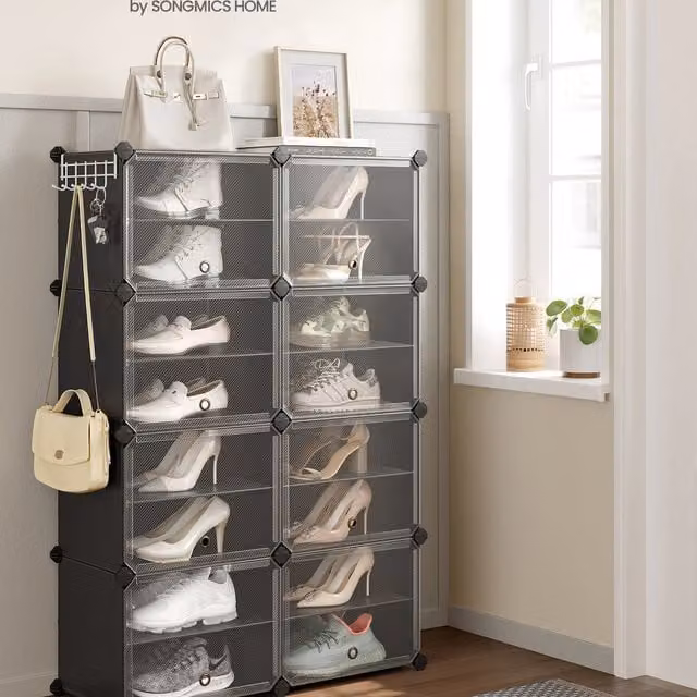SONGMICS Black Interlocking Shoe Storage Cabinet with Transparent Glass Doors and Ventilation